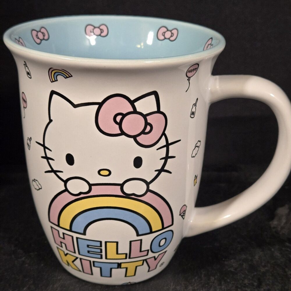 Hello Kitty Sanrio Rainbow Mug 16oz White Blue Curved Lip Coffee Cup NEW Cute